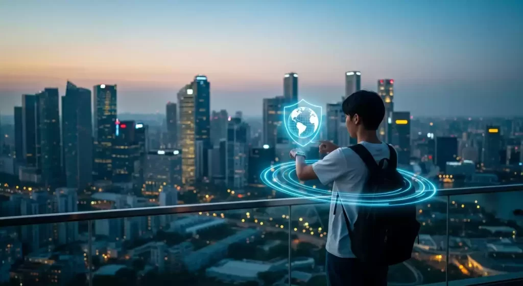 Jovem viajante em uma cidade futurista ativa a proteção global do seu seguro viagem da RR Viagens de Caruaru pelo smartwatch. Guia 2025/2026.