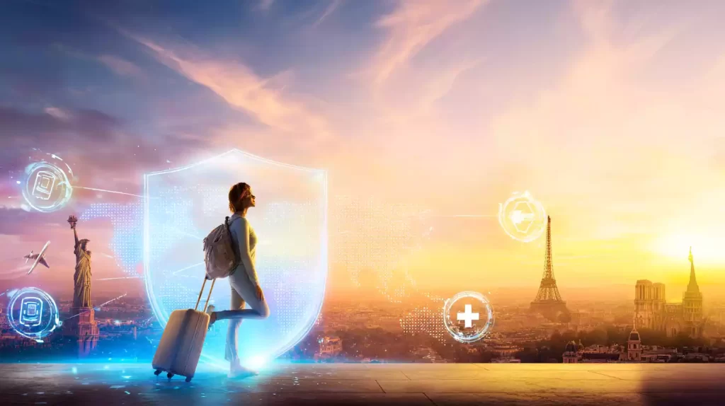 Viajante protegido por um escudo de seguro viagem da RR Viagens, olhando para um mapa-múndi com uma rota saindo de Caruaru, Brasil, para o mundo. Guia 2025/2026.